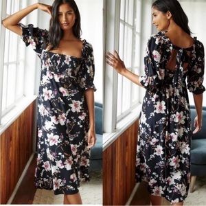 Anthropologie Floral Puff Sleeve Smocked Midi Dress